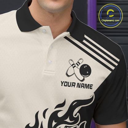 Custom Retro Beige and Black Flame Bowling Shirts For Men, Vintage Team Bowling League jerseys NQS11590