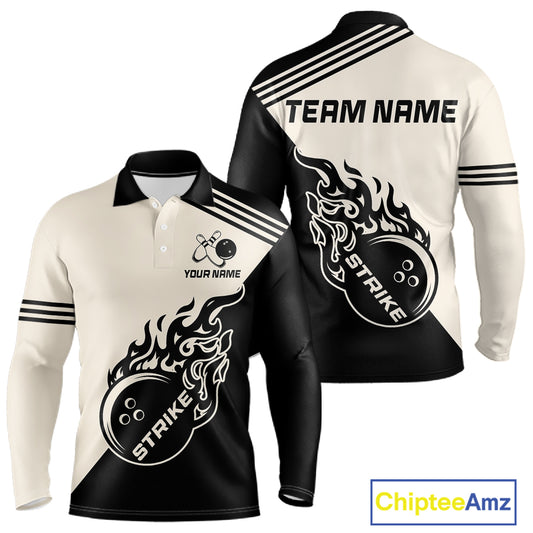 Custom Retro Beige and Black Flame Bowling Shirts For Men, Vintage Team Bowling League jerseys NQS11590