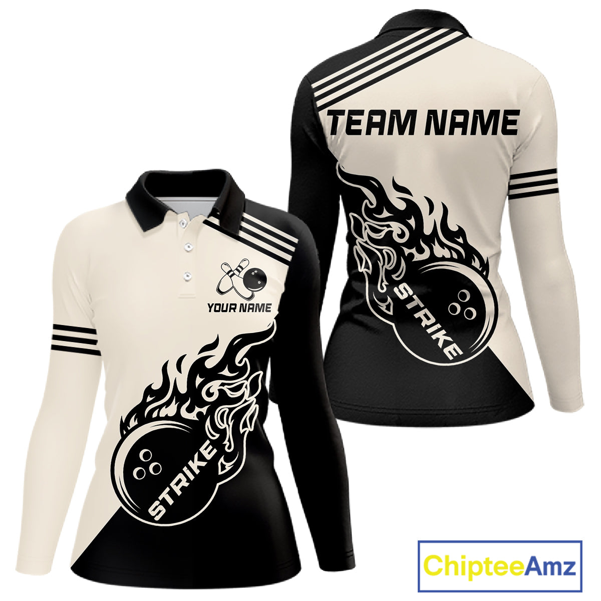 Custom Retro Beige and Black Flame Bowling Shirts For Women, Vintage Team Bowling League jerseys NQS11590