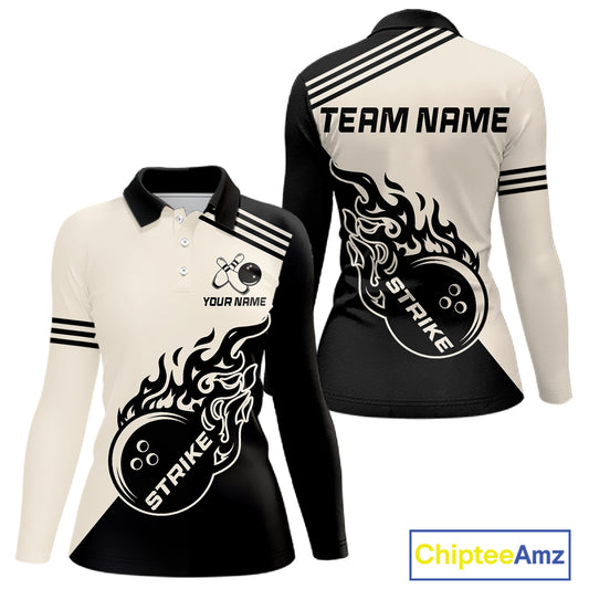 Custom Retro Beige and Black Flame Bowling Shirts For Women, Vintage Team Bowling League jerseys NQS11590