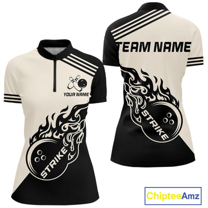 Custom Retro Beige and Black Flame Bowling Shirts For Women, Vintage Team Bowling League jerseys NQS11590