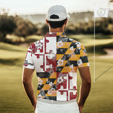 Load image into Gallery viewer, Maryland Flag tropical flower pattern Mens Golf polo shirts Custom mens patriotic golf shirts NQS10064