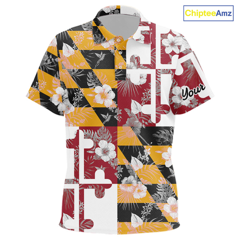 Maryland Flag tropical flower pattern Kid golf polos shirt Custom kid patriotic golf shirts NQS10064