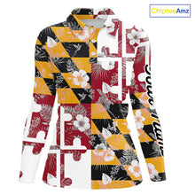 Load image into Gallery viewer, Maryland Flag tropical flower pattern Women Golf polo shirts Custom ladies patriotic golf shirts NQS10064