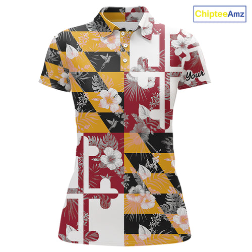 Maryland Flag tropical flower pattern Women Golf polo shirts Custom ladies patriotic golf shirts NQS10064