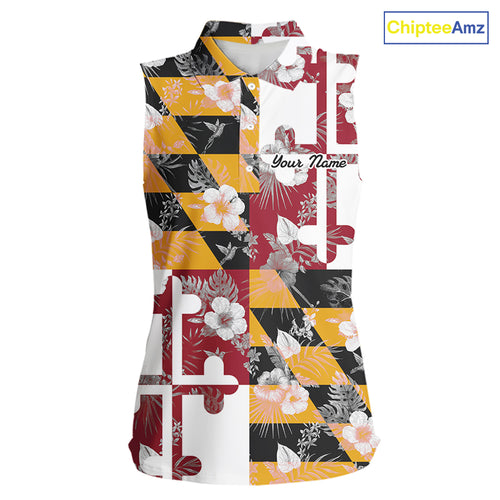 Maryland Flag tropical flower pattern Women Sleeveless polo shirt Custom ladies patriotic golf shirts NQS10064