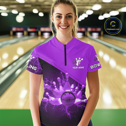 Women bowling polo, 1/4 zip shirts Custom purple lightning thunder Bowling Team Jersey Bowlers Gift NQS10591