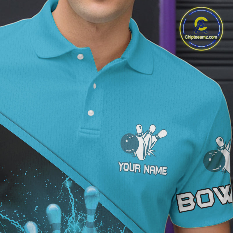 Men bowling polo, 1/4 zip shirts Custom light blue lightning thunder Bowling Team Jersey Bowlers Gift NQS10592