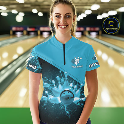 Women bowling polo, 1/4 zip shirt Custom light blue lightning thunder Bowling Team Jersey Bowler Gift NQS10592