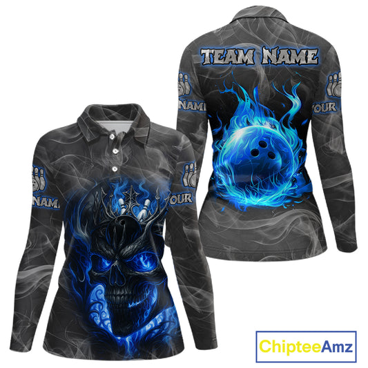 Grey Smoke Blue Flame Skull Bowling Polo, Quarter Zip Shirts For Women Custom Team Bowling Jerseys NQS11182