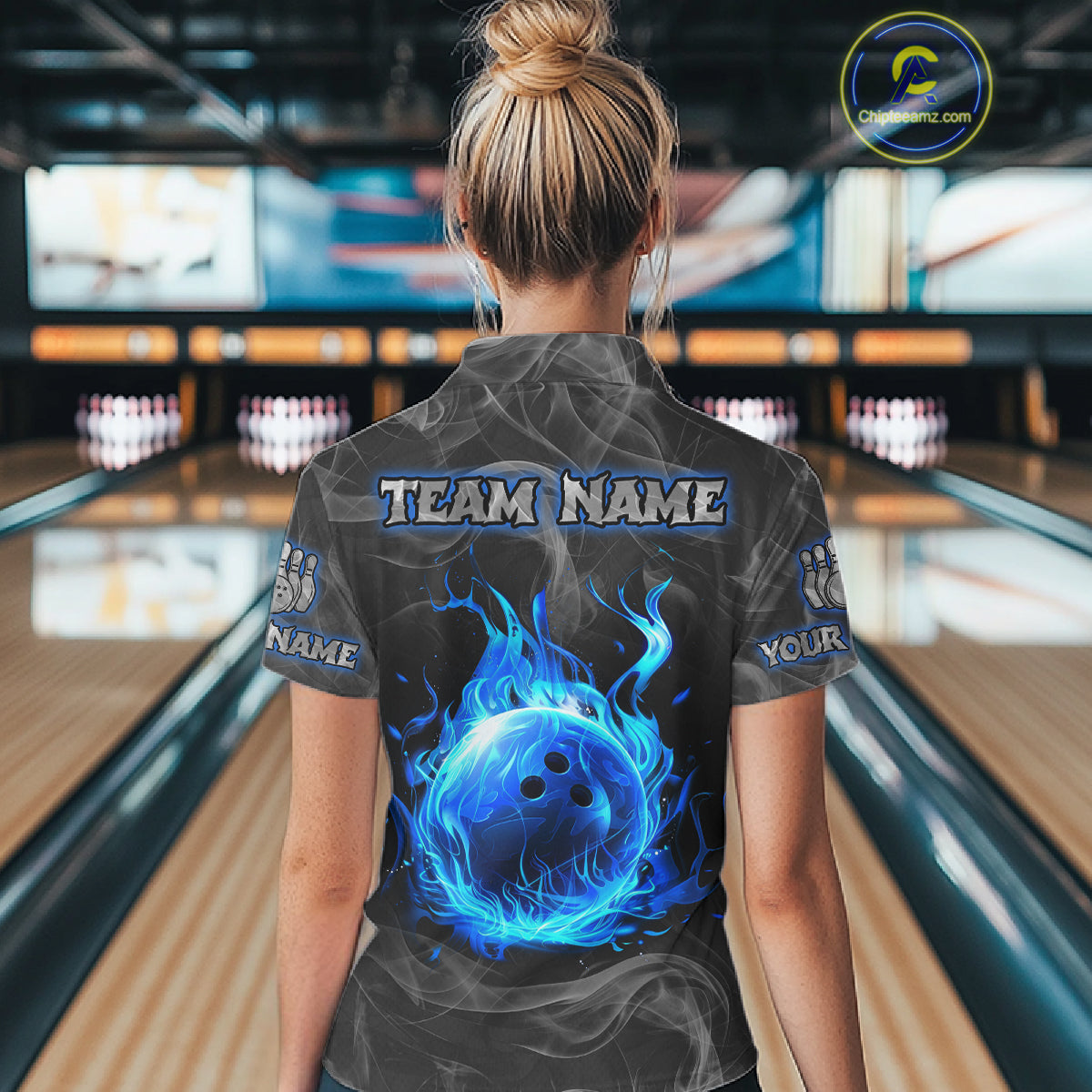 Grey Smoke Blue Flame Skull Bowling Polo, Quarter Zip Shirts For Women Custom Team Bowling Jerseys NQS11182