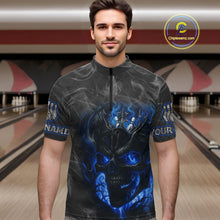 Load image into Gallery viewer, Grey Smoke Blue Flame Skull Bowling Polo, Quarter Zip Shirts For Men Custom Team Bowling Jerseys NQS11182