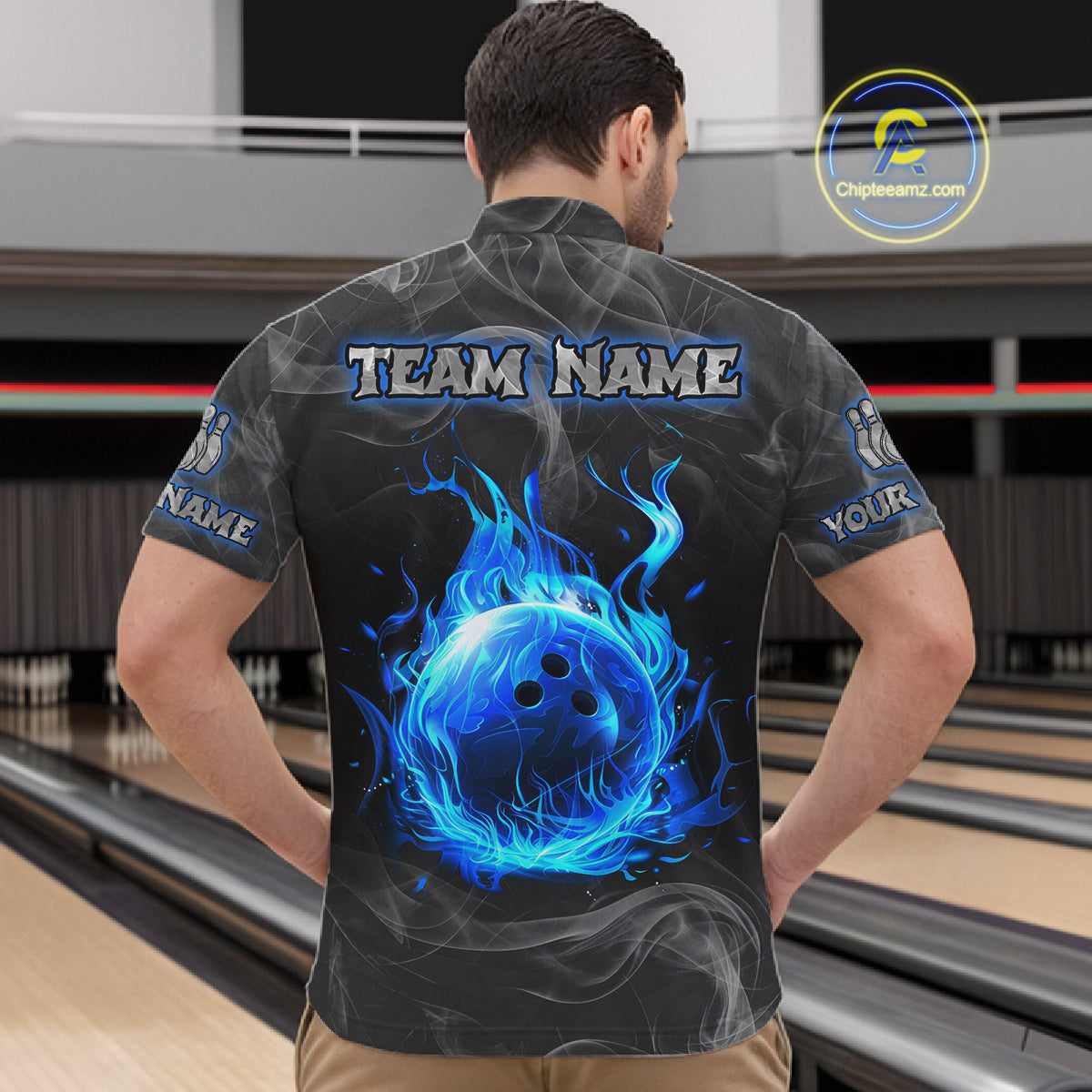 Grey Smoke Blue Flame Skull Bowling Polo, Quarter Zip Shirts For Men Custom Team Bowling Jerseys NQS11182
