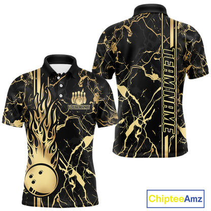 Black and Gold Camo Flame Bowling Polo, Quarter Zip Shirts For Men Custom Team Bowling Jerseys NQS11183