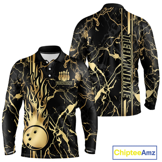 Black and Gold Camo Flame Bowling Polo, Quarter Zip Shirts For Men Custom Team Bowling Jerseys NQS11183