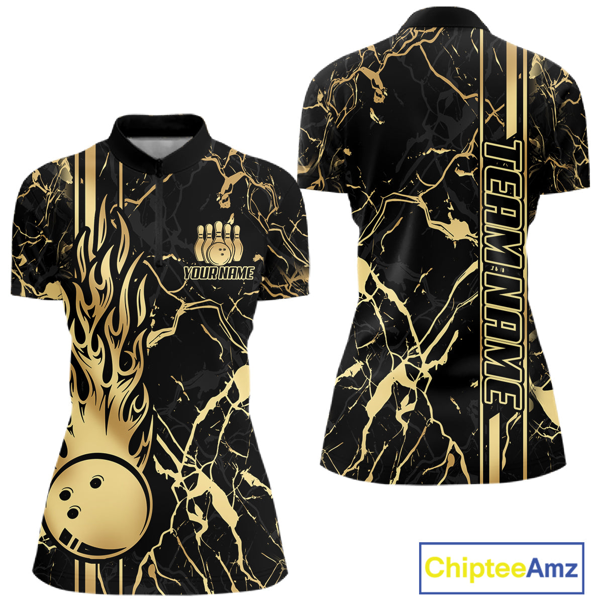Black and Gold Camo Flame Bowling Polo, Quarter Zip Shirts For Women Custom Team Bowling Jerseys NQS11183