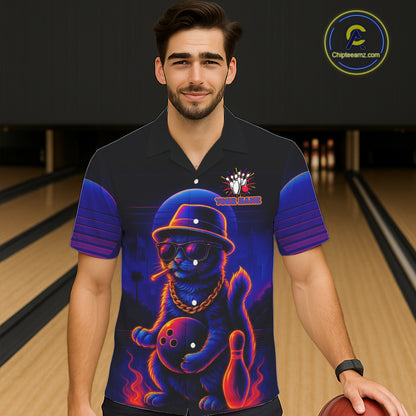 Custom Funny Cat Neon Bowling Hawaiian Shirt Bowling Uniform Button-up Bowling Team Shirts NQS11185