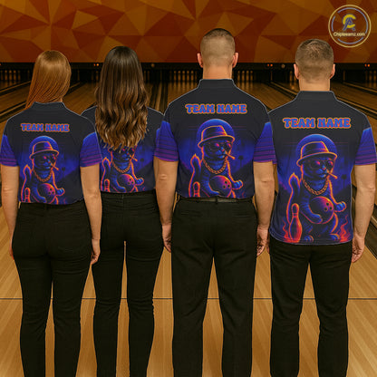 Custom Funny Cat Neon Bowling Jerseys for Men Bowling Uniform Polo & 1/4 Zip Bowling Team Shirts NQS11185