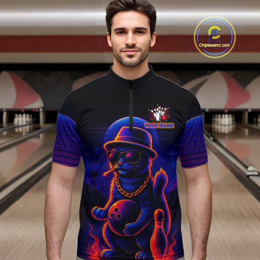 Custom Funny Cat Neon Bowling Jerseys for Men Bowling Uniform Polo & 1/4 Zip Bowling Team Shirts NQS11185