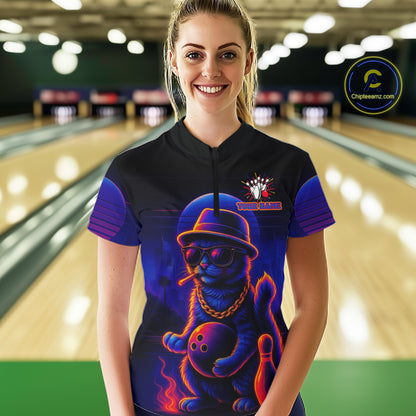 Custom Funny Cat Neon Bowling Jerseys for Women Bowling Uniform Polo & 1/4 Zip Bowling Team Shirts NQS11185