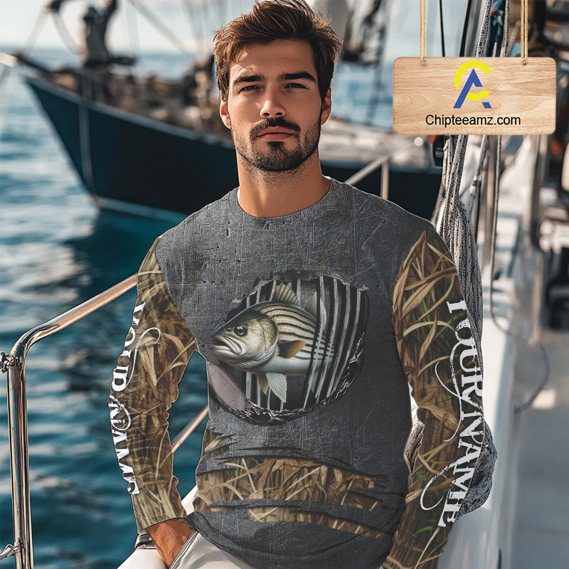 Striped Bass fishing camo metal grunge pattern Custom striper fishing shirts fishing gifts NQS11371