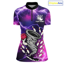 Load image into Gallery viewer, Custom Purple Bowling Jersey Lightning Thunder Funny tornado Womens Bowling Shirts, bowling uniforms NQS11594