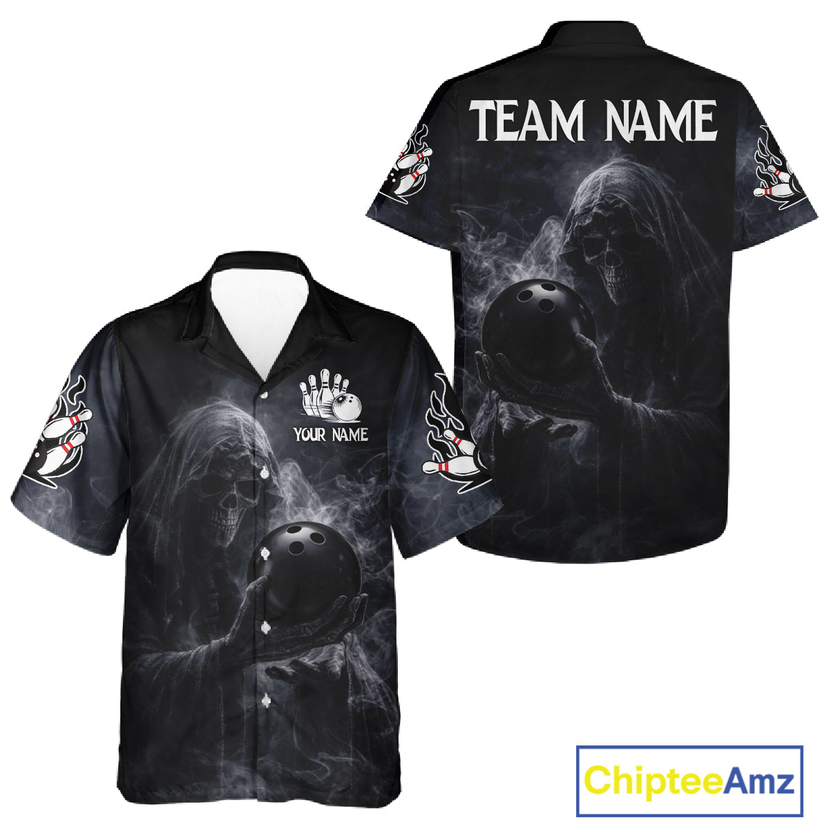 Custom Smoke Skull reaper Bowling Hawaiian Shirts, Team bowling outfit Jerseys NQS11596