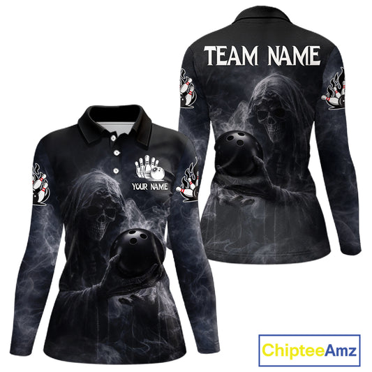 Custom Smoke Skull reaper Bowling Polo, 1/4 Zip Shirts for Women, Team bowling outfit Jerseys NQS11596