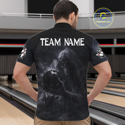 Custom Smoke Skull reaper Bowling Polo, 1/4 Zip Shirts for Men, Team bowling outfit Jerseys NQS11596