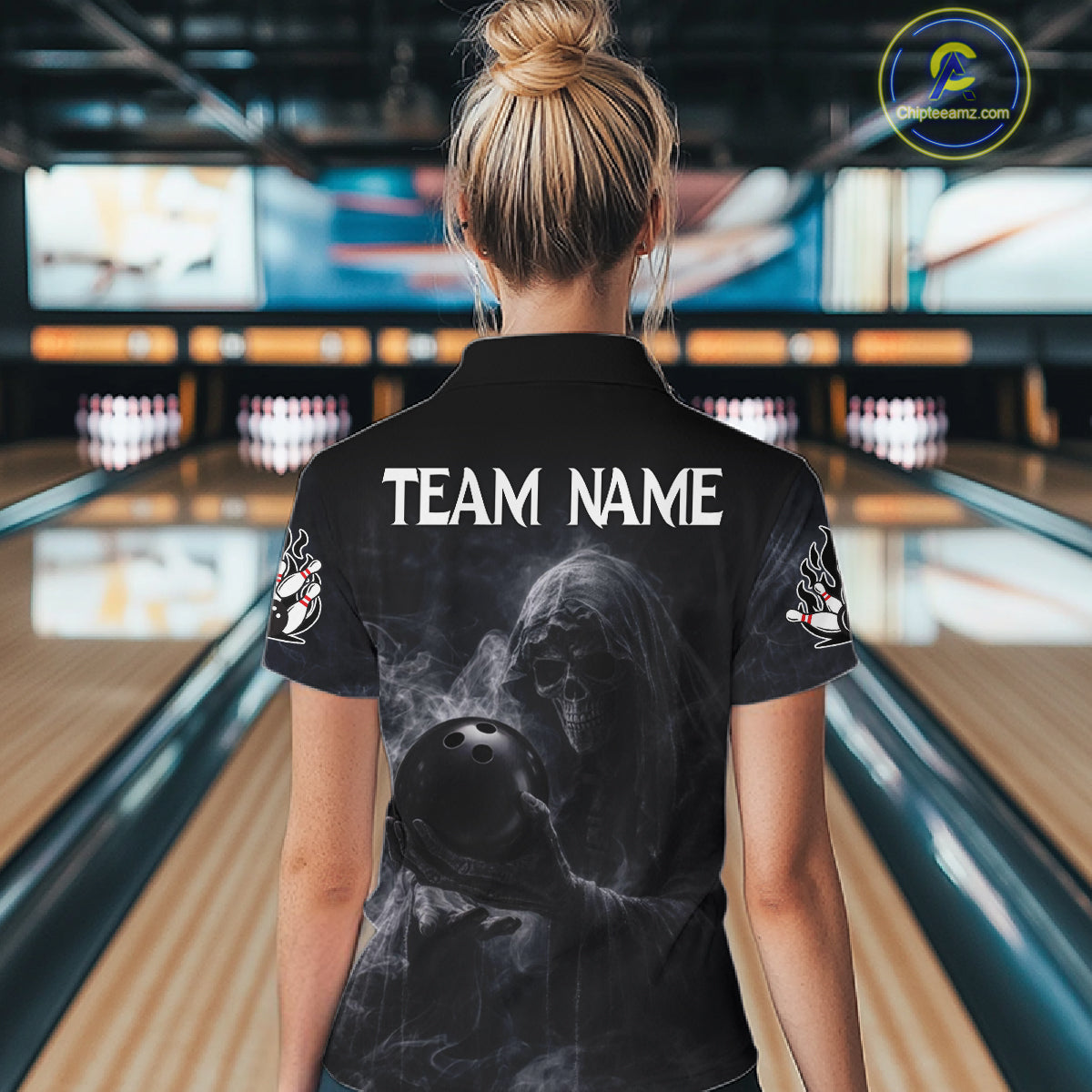 Custom Smoke Skull reaper Bowling Polo, 1/4 Zip Shirts for Women, Team bowling outfit Jerseys NQS11596
