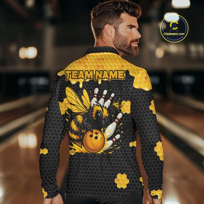 Custom Black and Yellow Honey Bee Bowling Shirts For Men, Bee Bowling Team Bowlers Outfit NQS10376