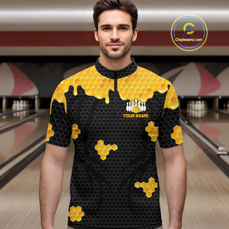 Custom Black and Yellow Honey Bee Bowling Shirts For Men, Bee Bowling Team Bowlers Outfit NQS10376