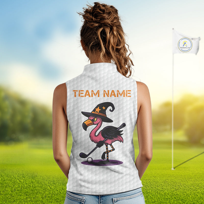 Funny Women Sleeveless Polo Shirt custom Halloween flamingo pattern white golf shirts NQS10377