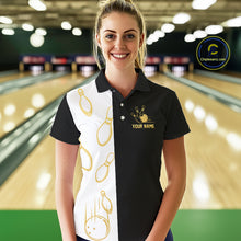 Load image into Gallery viewer, Black and white retro vintage Bowling polo, 1/4 Zip shirt for Women custom Bowling team jersey | Gold NQS10808