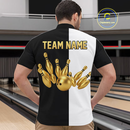 Black and white retro vintage Bowling polo, 1/4 Zip shirts for Men custom Bowling team jerseys | Gold NQS10808