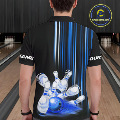 Black and blue light Men bowling Polo, Quarter Zip Shirt Custom bowling ball and pins Team jerseys NQS9829