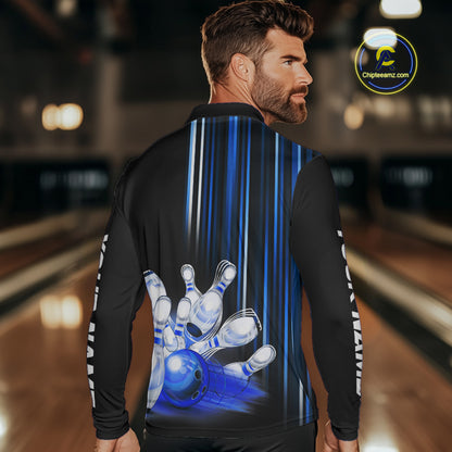 Black and blue light Men bowling Polo, Quarter Zip Shirt Custom bowling ball and pins Team jerseys NQS9829