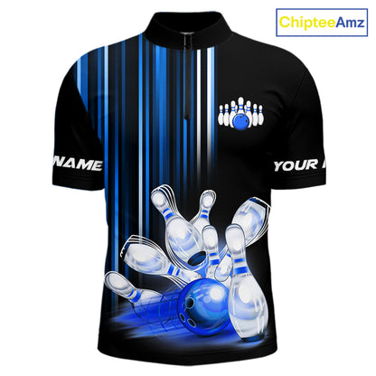 Black and blue light Men bowling Polo, Quarter Zip Shirt Custom bowling ball and pins Team jerseys NQS9829