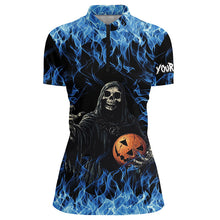 Load image into Gallery viewer, Blue flame Halloween Skull Bowling custom Women Bowling Polo, Quarter Zip Shirts, team bowling jerseys NQS8184