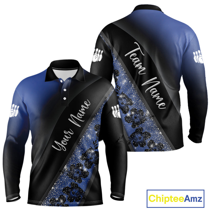 Black and Blue Glitter Flower Bowling Polo, Quarter Zip Shirt for Men Custom Bowling Team Jerseys NQS10383