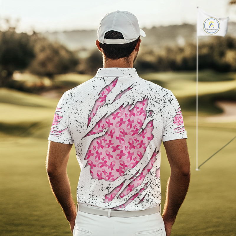 Pink ribbon white grunge pattern Mens golf polo shirt custom breast cancer awareness mens golf top NQS10386