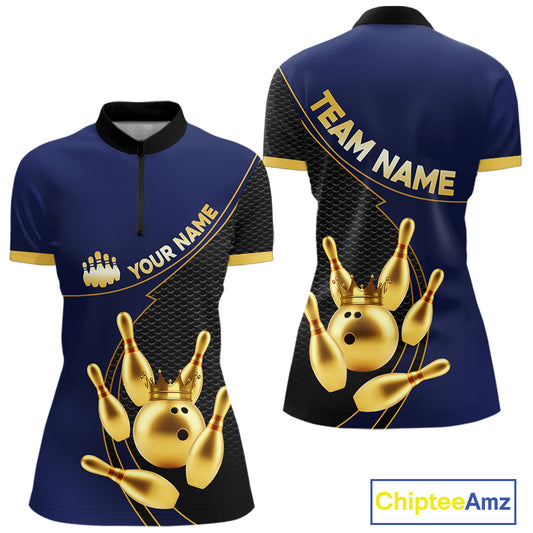 Blue and Gold Bowling shirts for Women Custom Team Bowling Polo, 1/4 zip Shirt bowlers Outfit NQS10986