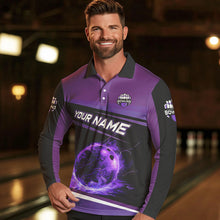 Load image into Gallery viewer, Black and Purple Lighting Flame Mens Bowling Polo, Quarter Zip Shirt Custom Team bowling jerseys NQS9320