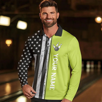 Black White Retro American Flag Bowling Shirts For Men Custom Patriotic Bowling Team Jersey | Green NQS9638