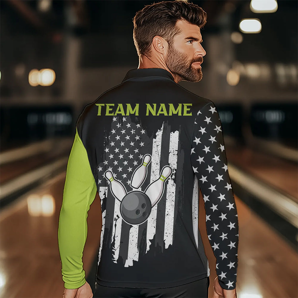 Black White Retro American Flag Bowling Shirts For Men Custom Patriotic Bowling Team Jersey | Green NQS9638