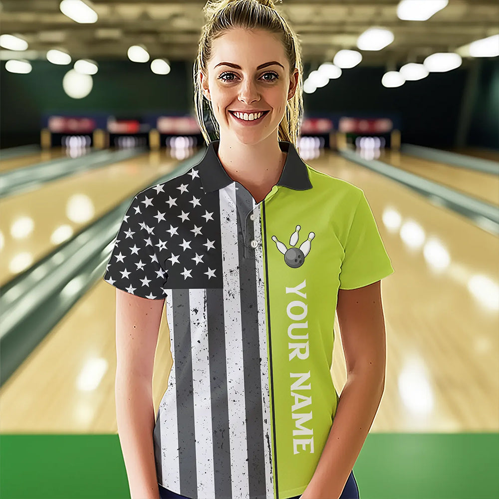 Black White Retro American Flag Bowling Shirts For Women Custom Patriotic Bowling Team Jersey | Green NQS9638