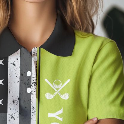 Black White Retro American Flag Golf Polo Shirt for Women Custom Patriotic Golf Team Shirt | Green NQS9637