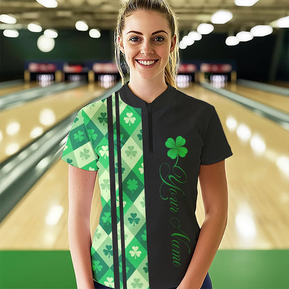 Black and Green Argyle Clover pattern Women Bowling Shirts Custom St patrick Day Bowling Team Jersey NQS9639