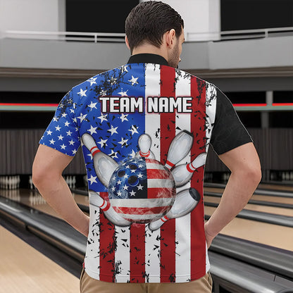 Black Camo Bowling Polo, 1/4 Zip Shirts For Men Custom American Flag Patriotic Bowling Team Jersey NQS9640