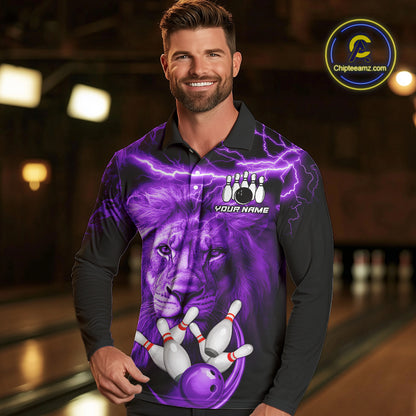 Personalized Purple Lightning Thunder Storm Lion Bowling Shirts For Men Custom Bowling Team Jerseys NQS9839